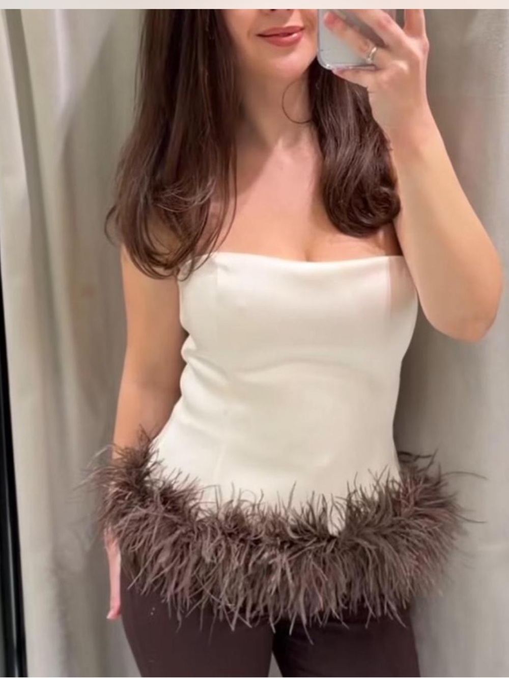 Zara Cream Strapless Camisole with Brown Feather Hem - Picture 2 of 8